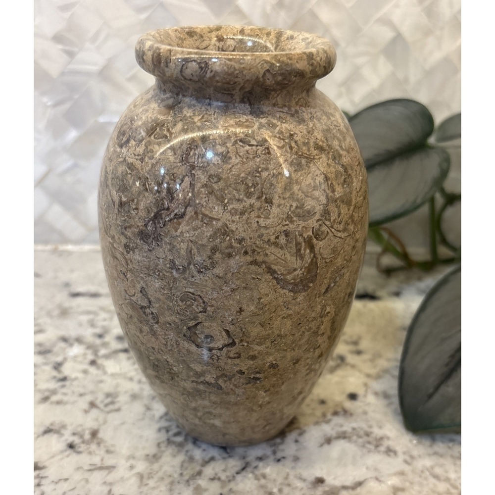Pier One Tan Solid Stone Vase Fossilized Architectural Decor Office Brutalist